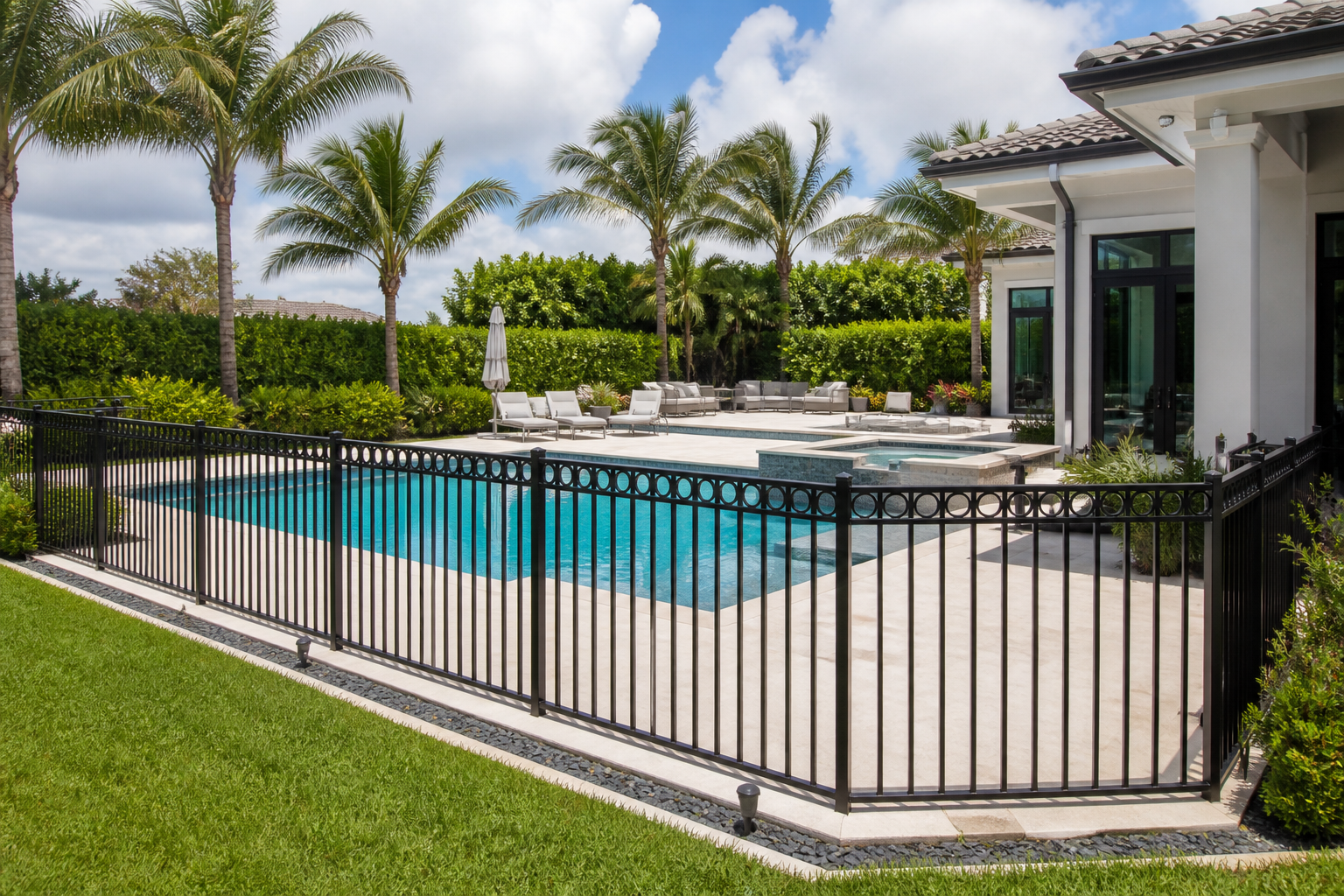 Black aluminum pool fence example around a South Florida pool