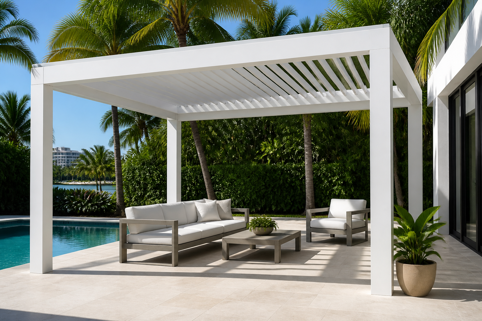 Freestanding cabana-style louvered pergola