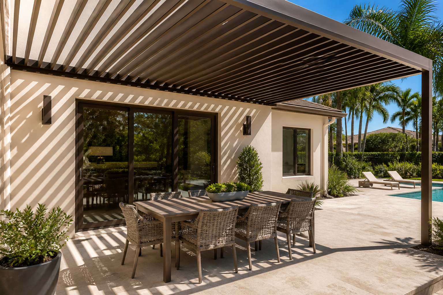 Fixed open-slat aluminum pergola with stripe shade