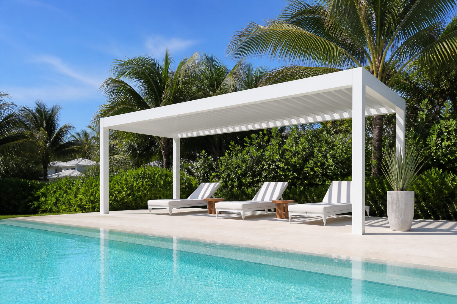 Concept rendering of a poolside cabana-style aluminum pergola