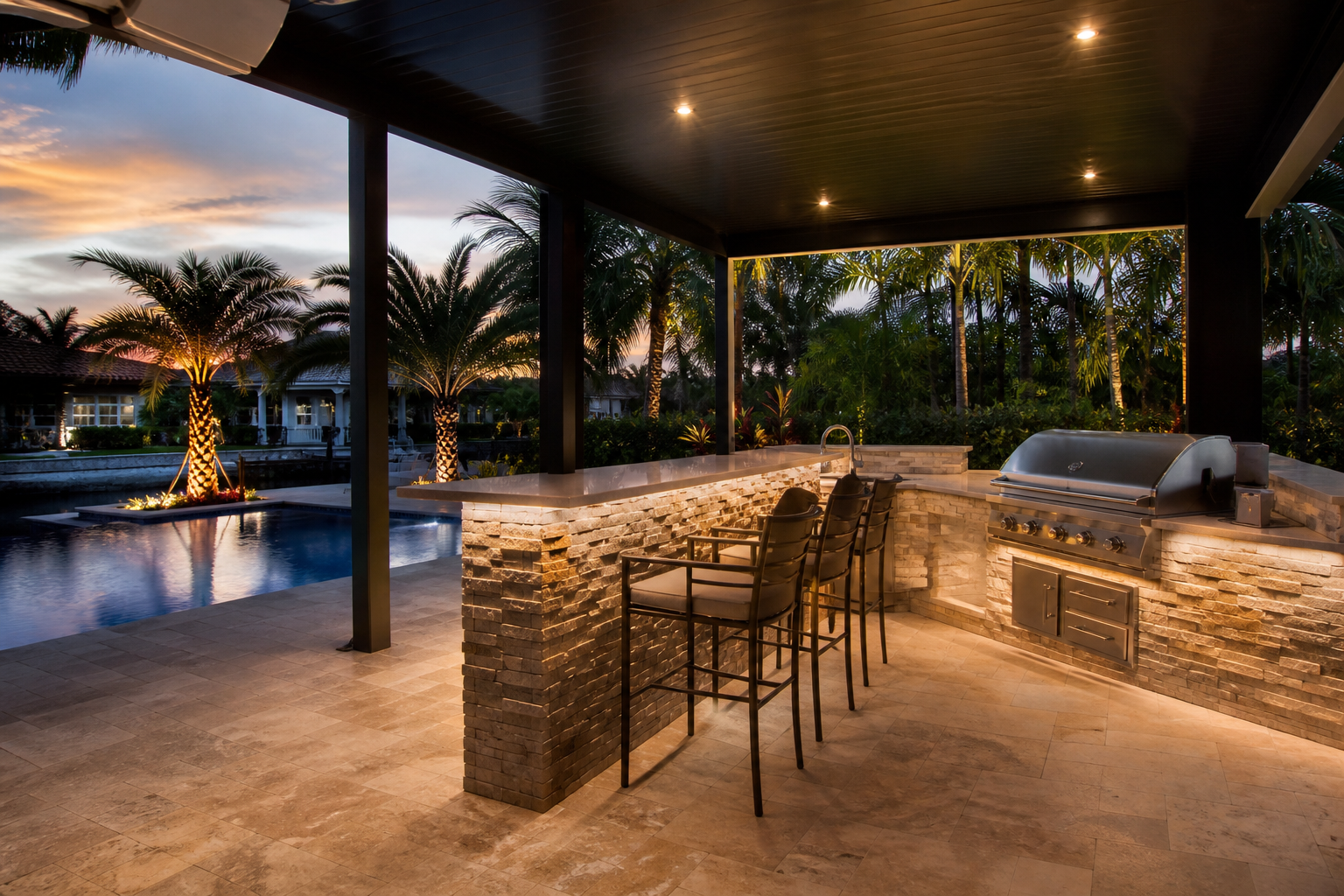 Concept rendering of a dusk outdoor kitchen under cover