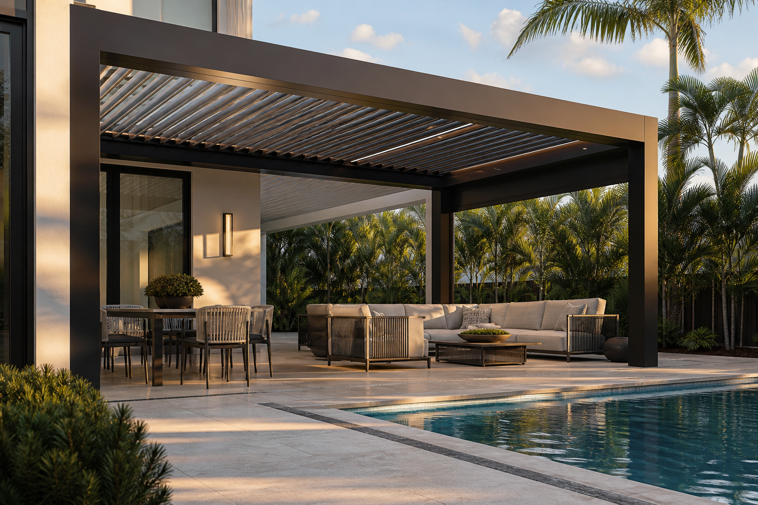 Concept rendering of a gold-finish motorized louvered roof