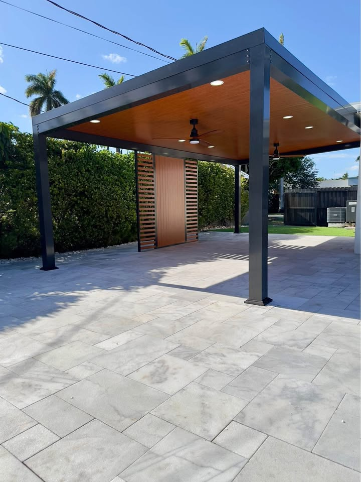 Wood-slat pergola ceiling